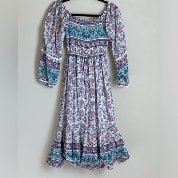Alicia Bell Millie Midi Silk Dress Floral Smocking Long Sleeve Size XS Sundress - Picture 1 of 9